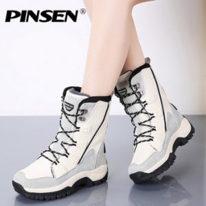 PINSEN 2019 Fashion Women Boots High Quality Mid-Calf Winter Snow Boots Women Lace-up Comfortable Outdoor Non-slip Rain Boots