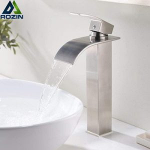 Brushed Nickel Waterfall Basin Faucet Single Lever Bathroom Vessel Sink Tap Deck Mounted Brass Lavatory sink Mixer Basin Tap