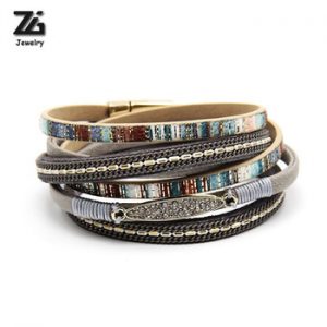 ZG  Fashion High Quality bracelets&bangles Women Leather Bracelet With Gold Color Rhinestone Bar long wrap Bracelet for women