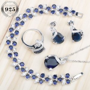 Sliver 925 Costume Jewelry Sets For Women Bracelets/Necklace/Pendant/Stud Earrings/Rings Wedding Set With Blue Stones Free Box