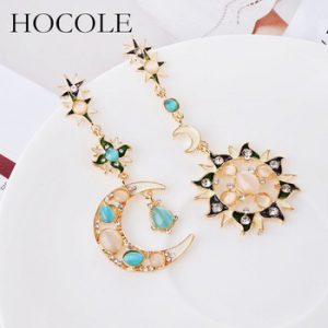 HOCOLE Irregular Rhinestone Sun Moon Drop Earrings Pendant Crystal Asymmetry Long Dangle Earrings For Women Wedding Jewelry