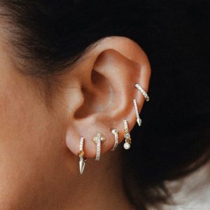 2018 three mini spike punk style women earring round cz hoop minimal delicate design Gold Filled wholesale high quality jewelry