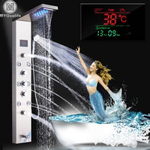 Stainless Steel LED Light Shower Panel Faucet Wall Mounted SPA Massage System Shower Column System Digital Temperature Screen