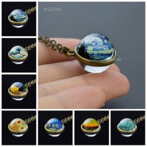 Starry Night Van Gogh Art Painting Necklace Retro Double Side Glass Ball Pendant Bronze Copper Alloy Necklace Gifts for Women