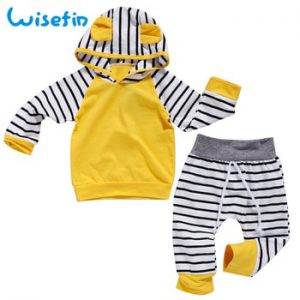 Wisefin Striped Baby Boy Girl Clothes Set Hooded Tops With Ear Tops+Pant Cartoon Newborn Girl Clothes Infant Boy Clothing D40