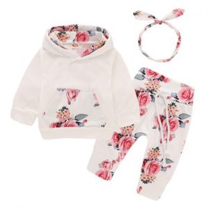 Wisefin Newborn Baby Girl Clothing Set Winter Floral Print Long Infant Girl Outfits Clothes Set Pocket Hoodie + Pants + Headband