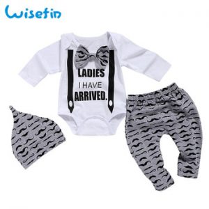 Bow tie Baby Boy Clothes Set Mustache pattern Kids Clothes White 3Pcs Tops+Gray Soft Pants+Cap Autumn Clothing For Boy 0-2 Years