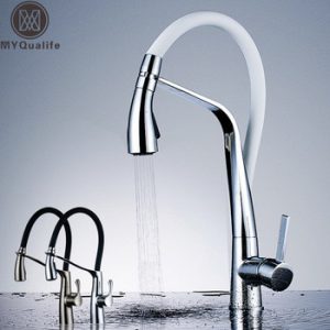 Chrome White Kitchen Faucet Deck Mounted Hot Cold Water Mixer Faucet for Kitchen Pull Down Mixer Crane 2 Function Spout