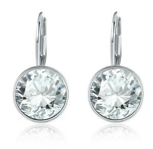 Round Bella with Swarovski Crystals Leverback Earring in 18K White Gold ITALY