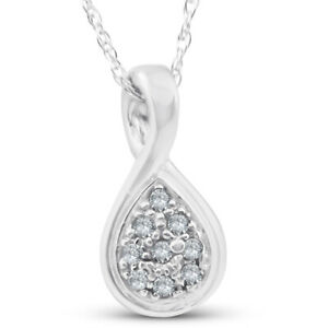 1/10ct Pave Tear Drop Solitaire Diamond Pendant 10K White Gold