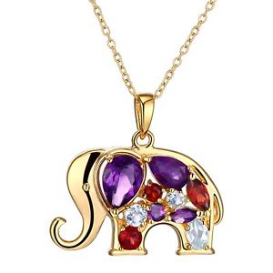 1 1/2 ct Multi-Gem & Diamond 18K Gold Flashed & SS-Plated Brass Elephant Pendant