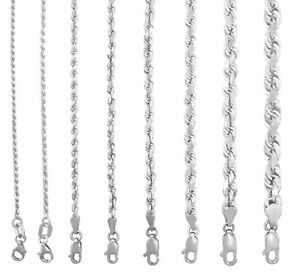 10K White Gold 1.5mm-7mm Diamond Cut Solid Rope Chain Pendant Necklace 16"- 30"