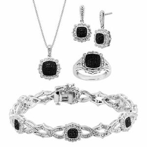 1/5 ct Black & White Diamond Jewelry Set in Rhodium-Plated Sterling Silver