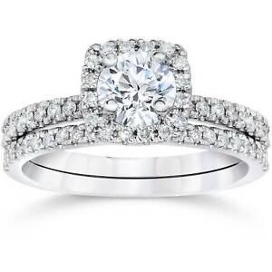 5/8Ct Cushion Halo Real Diamond Engagement Wedding Ring Set White Gold