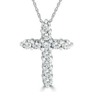 3Ct Diamond Cross Pendant 14K White Gold Women's Round Brilliant Cut 1" Tall