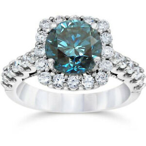 Halo Treated Blue Diamond Large Engagement Ring 4 Ct 14k White Gold