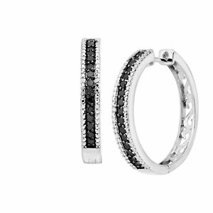 1 ct Black & White Diamond Hoop Earrings in Sterling Silver