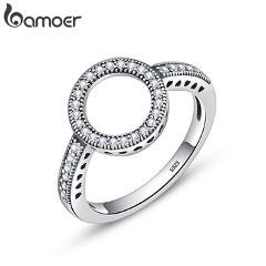 BAMOER 100% Genuine 925 Sterling Silver Forever Clear Black CZ Circle Round Finger Rings for Women Jewelry Christmas Gift SCR041