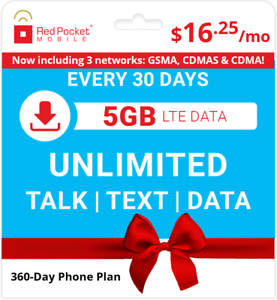 $16.25/Mo Red Pocket Prepaid Wireless Phone Plan+Kit: Unlmtd Everything 5GB LTE