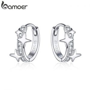 BAMOER Small Hoop Earrings 925 Sterling Silver Clear CZ Universe Galaxy Tiny Earrings for Girl Gifts anti-allergy Jewelry BSE076