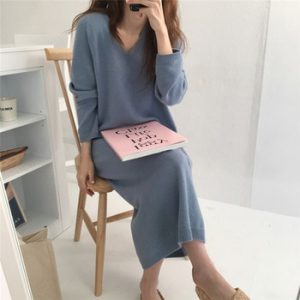 Colorfaith New 2019 Autumn Winter Women Dresses Knitted Straight Fashion  Prairie Chic Elegant Casual Solid Midi Female DR8185