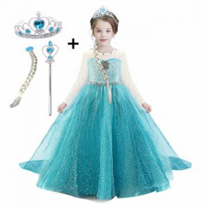 4-10T Girls Elsa Party Princess Dress Baby Girls Summer Elegant Long Sleeve Blue Dresses Birthday Party Fantasy Ball Anna Dress