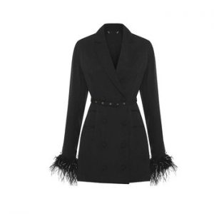 GETSPRING Women Blazer Long Black Feather Blazer Jackets Belt Bandage Women Blazers Jackets  Vintage Coats New Women Spring Top