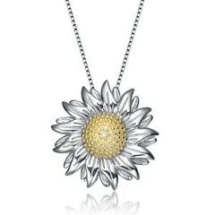 Rozzato Sterling Silver with Plated Round Clear CZ Sunflower Style Necklace