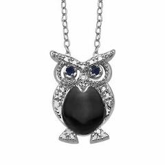 Owl Pendant with Natural Sapphires & Diamond in Sterling Silver-Plated Brass