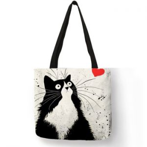 Customized Cute Cat Printing Women Handbag Linen Tote Bags with Print Logo Casual Traveling Beach Bags