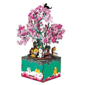 Robotime 148pcs Rotatable DIY 3D Cherry Tree Cat Wooden Puzzle Game Assembly Music Box Toy Gift for Children Kids Adult AM409