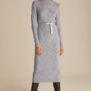 Joinus Cable Knit Dress With Crew Neck Woman Blue