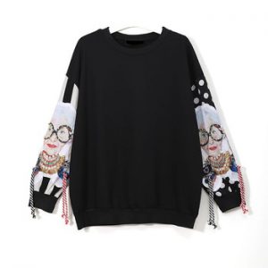 XITAO Black Long Sleeve Sweatshirts Women Patchwork Print Tassel Pullover Harajuku Hoodie Pullover Women Clothes New XWW2734