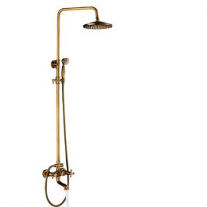 Antique Brass Shower Faucet Mixers Dual Handle Rainfall 8" Brass Shower Head with Bath Storage Shelf and Hooks Shower Water Tap