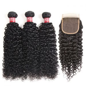 Sleek Peruvian Kinky Curly Weave Human Hair Bundles With Closure Free Part Non-Remy Human Hair Extensions 3 Bundles with Closure