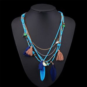 2019 Fashion Boho Multilayer Woven Long tassel Jewelry Multi-layer Chain Handmade Beaded Bohemian Feather Necklace #6