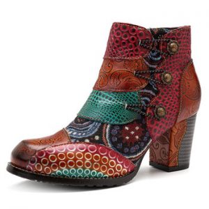 Socofy Vintage Splicing Printed Ankle Boots For Women Shoes Woman Genuine Leather Retro Block High Heels Women Boots 2019 New