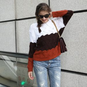 BEFORW 2019 Women Winter Long Sleeve Crewneck Knitted Pullover Sweater Vintage Splice Casual Fall Womens Sweaters Pullovers Tops