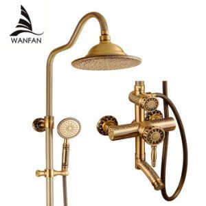 Shower Faucets Antique Bathroom Shower Set Bath Rain Shower Wall Mounted Hand Held Brass Shower Head Chuveiro Do Banheiro  9712