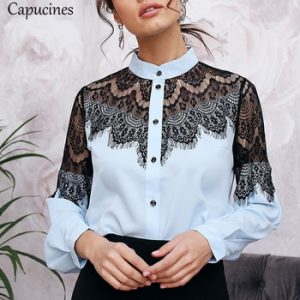 Capucines Lace Splicing Stand Collar Shirt Blouse Women Long Sleeve Casual Tops and Blouses Autumn Ladies Elegant Blusas