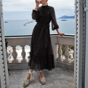 Simplee Autumn women party dress Elegant polka dot print female long party dress Holiday style ladies ruffle maxi dress vestidos