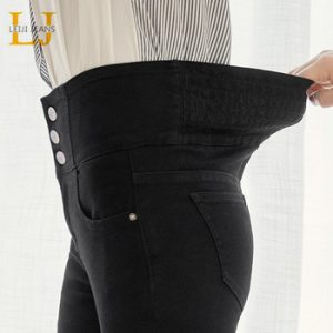 LEIJIJEANS 2019 autumn high waist slim ladies jeans button fly elastic waist legging jeans plus size stretchy black women jeans