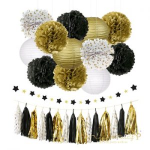 Nicro 28 pcs/set Gold Black  Birthday Graduation Baby Shower Party Decoration Kit Slingers  Paper Flower Lantern Tassel #Set18