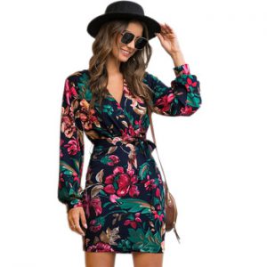 SHEIN V Neck Floral Print Casual Belted Pencil Dress Women Autumn Streetwear High Waist Multicolor Long Sleeve Short Dresses