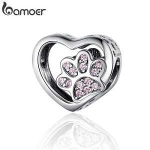 BAMOER Cat Love Heart-shape Charm 925 Sterling Silver Paw Footprints Heart Charms for Bangle Bracelet Fine Jewelry SCC1191