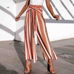 Simplee Split striped lady wide leg pants women Summer beach high waist trousers Chic streetwear sash casual pants tassle female