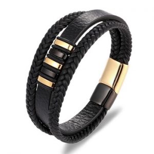 New 3 Layers Black Gold Punk Style Design Genuine Leather Bracelet for Men Steel Magnetic Button Birthday Gift Male Bracelets