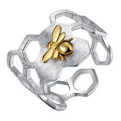 Lotus Fun Real 925 Sterling Silver 18K Gold Bee Rings Natural Designer Fine Jewelry Home Guard Honeycomb Open Ring for Women