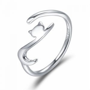 BAMOER 100% 925 Sterling Silver Sticky Cat with Long Tail Finger Ring Women Ring Adjustable Engagement Ring Jewelry SCR220