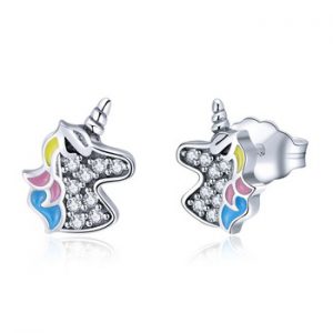 WOSTU 925 Sterling Silver Dazzling Unicorn Licorne Stud Earrings for Women Girl Cute Silver Clear CZ Jewelry Party Gift CQE426